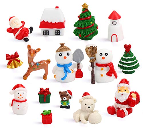 DIYASY Christmas Miniature Figurines,15 Pcs Mini Crafts Resin Santa Claus Snowman Elk Ornaments Kit for DIY Christmas Fairy Garden and Snow Globes