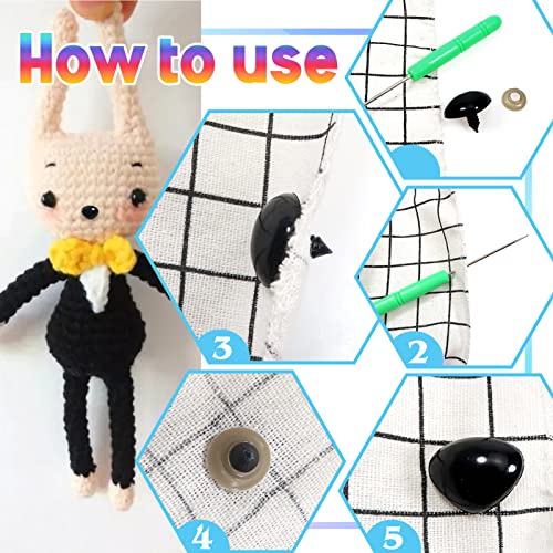 TOAOB 114 Stück Puppennase Sicherheitsnase Kunststoff Craft Nase Schwarz Set 7mm bis 24mm mit Unterlegscheiben für Puppe Marionette