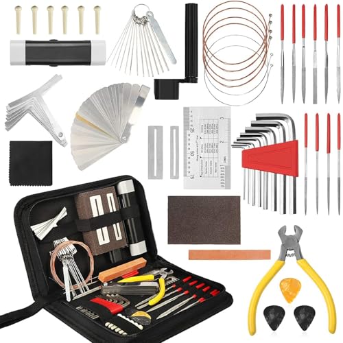 RuiJOTWAT Kit di strumenti per la manutenzione e la riparazione della chitarra da 54 pezzi, accessori per la cura e la pulizia della chitarra per tutti gli strumenti a corda Strumenti per liutai