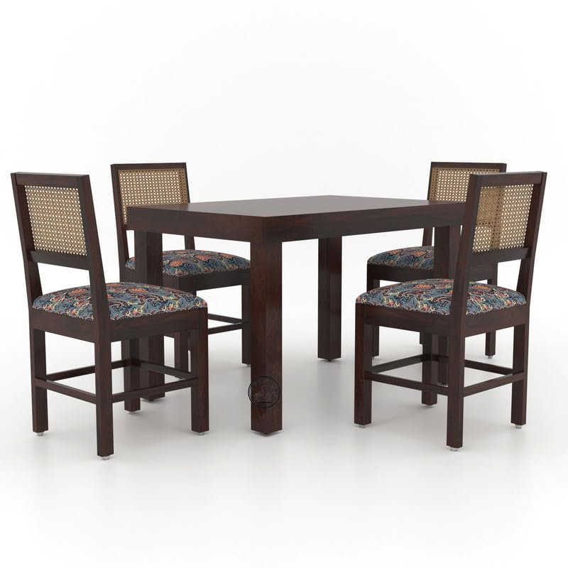 Image of VK Furniture Sheesham Solid Wood 4 Seater Dining Table Set of Four with 4 Print Cushion Cane Chairs for Dinner Hall Kitchen Living Room Home Office Restaurant |L45 X W30 X H30|Walnut Finish