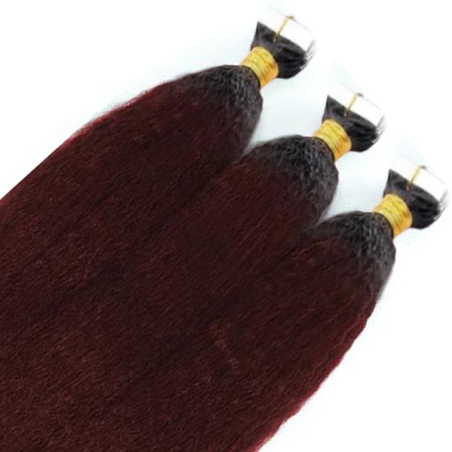 Ombre Burgundy Wine Red Kinky Straight Tape on Extensions Human Hair 1b/99j Seamless Taping In Real Human Hair Extension 50g/20pcs for Women Skin Weft Coarse Straight Tapes Ins 18 Inch
