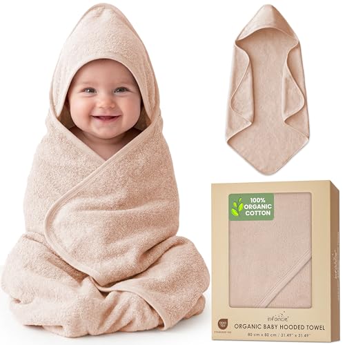 Infancie Asciugamani per neonati e bambini, in cotone biologico, con cappuccio, 70 x 79 cm, morbidi asciugamani da bagno con cappuccio, per neonati e bambini, ragazze e ragazzi (sabbia, 80 x 80 cm)
