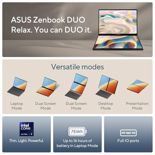 Image of ASUS Zenbook Duo Laptop, Dual 14 inch OLED WUXGA Touchscreen Display, Intel Core Ultra 9 285H, Intel Arc Graphics, 32GB RAM, 2TB SSD, WiFi 7, Thunderbolt 4, Detachable KB, Windows 11, w /1TB Portable HDD