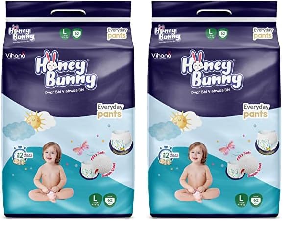 Honey Bunny Everyday Baby Diapers Pants | Large (L), 62 Count, 9-14 kg | Silky Soft on Skin, Bubble Layer | 12 Hours Protection Baby Diaper (Pack of 2)-image-15