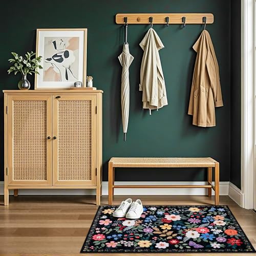 Entryway Rug 2X3 Small Rugs: Floral Washable Door Mat Vintage Soft Low Pile Non-Slip Kitchen Rugs Stain Resistant Indoor Throw Rug for Entrance, Bedroom, Kitchen, Laundry, Bathroom Black