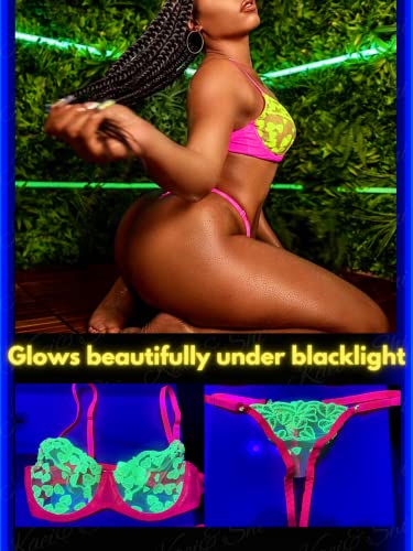 Kaei&Shi Sexy Bra And Panty Sets,Glow In The Dark Black Light Heart Embroidered Lace Lingerie For Women,Underwire G String Sheer Matching Two Piece Sexy Lingerie Set Boudoir Neon Green Large - Image 3