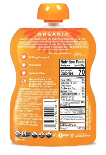 Mamma Chia Organic Vitality Squeeze Snack, Mango Coconut, 16- 3.5 Ounce Chia Vitality Snacks, USDA Organic, Non-GMO, Vegan, Gluten Free, and Kosher. Fruit and Vegetables with only 70 Calories