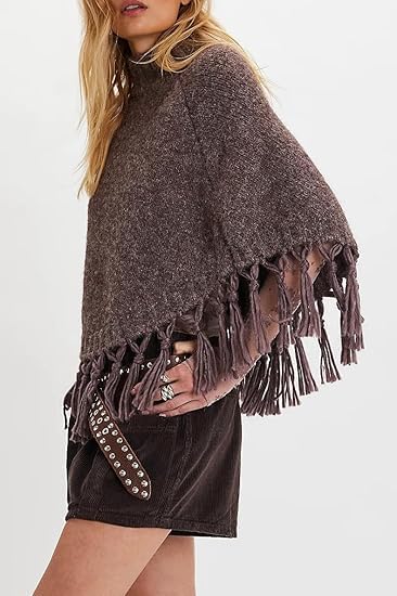 Generisch Women Fringe Knitted Poncho Sweater Mock Neck Asymmetrical Hem Cropped Tassel Shawl Fall Winter Cozy Wrap Sweater