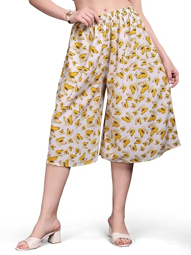 Image of THUMBA Women's Printed Poly Rayon Palazzo Pants | Wide Leg Culottes | Floral & Butterfly Print | Elastic Waist | Casual & Ethnic Wear | S M L XL 2XL 3XL