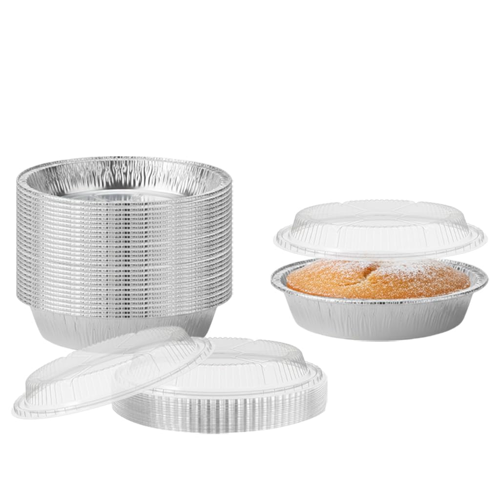 Foil Trays with Clear Dome Lids (Pack of 25) – Heavy Duty Disposable Round Aluminium Food Containers | Tin Pie Dishes, Flan Cases & Baking Tins | Oven & Freezer Safe for Catering & Storage (9 Inch)