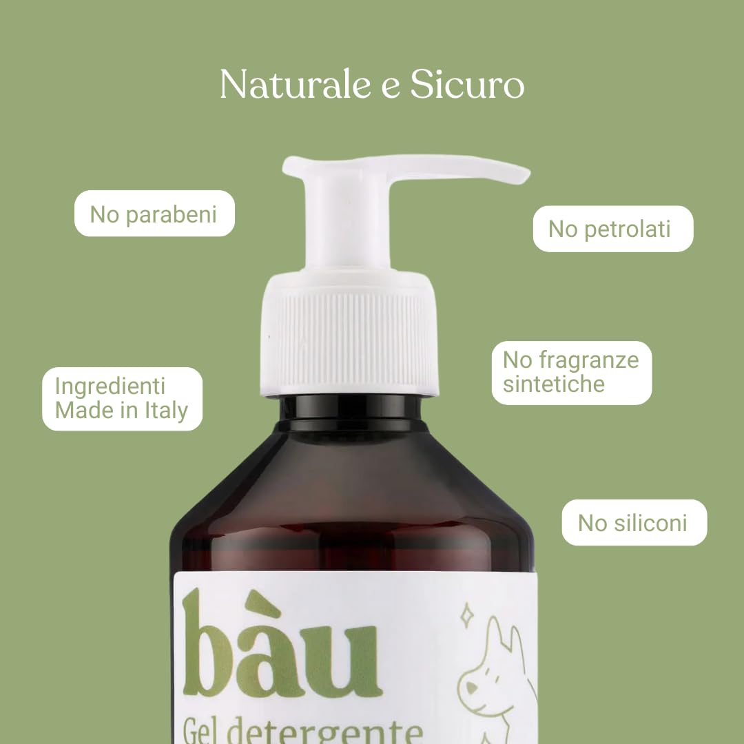 Bau Cosmesi Gel Detergente Senza Risciacquo, Shampoo Secco per Cani, Igienizzante e Idratante - Senza Parabeni e Siliconi, Naturale e Bio con Aloe Vera - Mela, 250 ml
