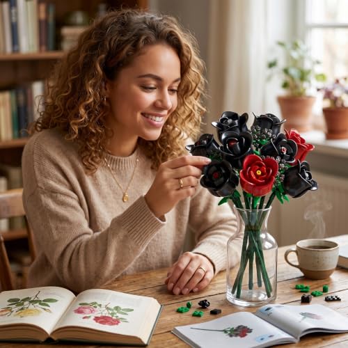 ENJBRICK Schwarze und Rote Rosen Blumenstrauß Klemmbausteine, Gothic Künstliche Blumen Botanische Kollektion… – Ansicht 3