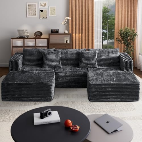 Image of 110 Corduroy Modular Sectional Boneless Sofa with 2 Ottomans, Convertible Cloud Couch with Deep Seats, Fluffy Memory Foam U Shaped Couch for Living Room, No Assembly Required (Black)