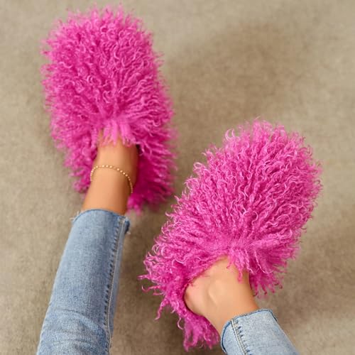 Image of Unisex Fuzzy Faux Fur Slippers, Women's Fluffy Long Hair Sheep Faux Fur Slip on Slides, Girls Luxury Big Fluffy Outdoor Flat Slippers, Long Curly Hair Non-Slip Warm Home Slide Shoes