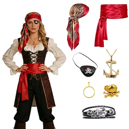 Rehecher Costume de Pirate Médiéval,Ensemble d'Accessoires De Costume De Pirate 7 Pièces,Déguisement Pirate Unisexe Homme Femme,Accessoires De Cosplay De Pirate pour...