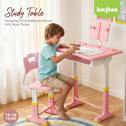 Image of BAYBEE Study Table with Chair for Kids 2+ Years Boys & Girls | 3 Level Height Adjustable Baby Desk Table Set | Ergonomic Kids Table Desk Chair with Book Storage, Tablet, Pen & Bottle Holder (Pink)