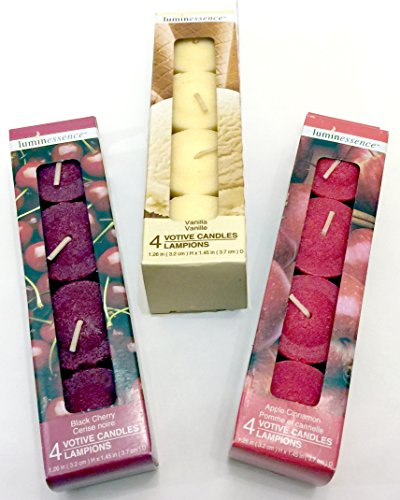Luminessence(tm) Assorted Scented Votive Candles, 4 Votive Candles in Each Pack - 3 Packs - 12 Candles in Each Set - Wonderful Aroma - Inexpensive - Apple Cinnamon - Black Cherry - Vanilla