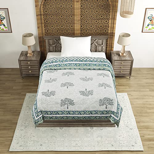 Image of BLOCKS OF INDIA Cotton Single Size Quilt Hand Block Print for Light Winters (60X90 Inches) (Green Tree), Lightweight, 300 TC