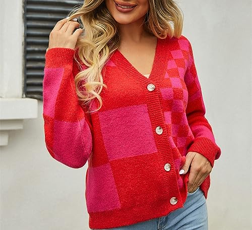 Image of Womens Color Block Plaid Button Down Cardigan Long Sleeve Cable Knit Checkered Sweaters Tops Y2k Aesthetic Clothes