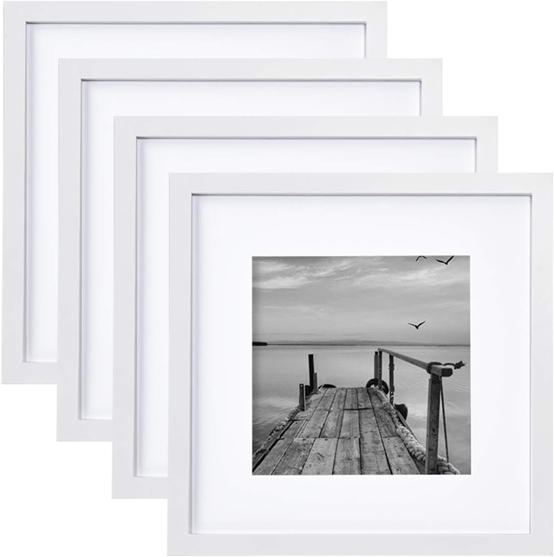 FRAMICS4 Pack 12x12 Picture Frames, Display 8x8 Photo with Picture Mat, White Picture Frames Made of Solid Wood for Wall Mounting or Table Top, Mounting Hardware Included