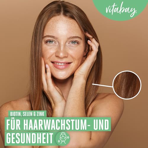 Vitabay Biotin Hochdosiert 10000mcg 180 Tabletten Time Released & Vegan - Haar Vitamine Hair Vitamins Biotin Haare Zink Selen Haut Haare Nägel Kapseln - Haarvitamine für Frauen Tabletten