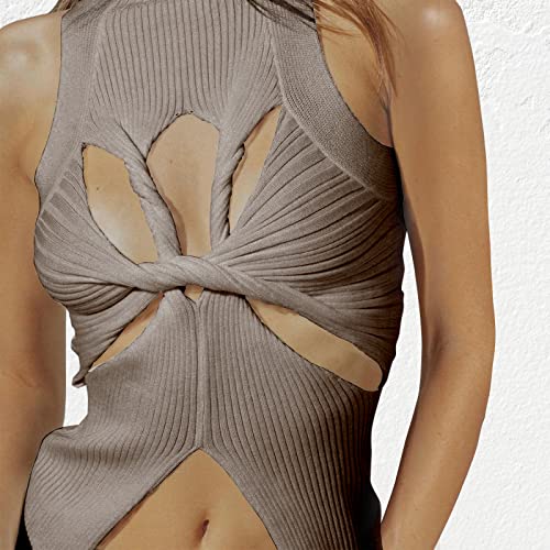 Image of Women Strapless Crop Top Sexy Hollow Out Twist Front Knitted Tank Tops Sleeveless Y2K High Neck Cut Out Sweater Vest