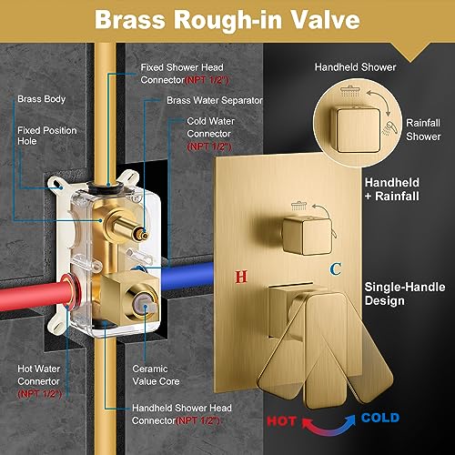 Shower System, 12 Inch High Pressure Shower Head with Rain Handheld Combo Set, Wall Mounted Dual Shower Head System, Bathroom Shower Faucet Set Rough-in Valve Body and Trim Brushed Gold - Image 5