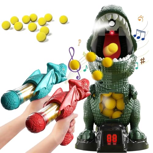 Vulaop Bewegliches Dinosaurier Schießspielzeug für Kinder – 12/24 Weiche Kugeln 10m Reichweite, Luftpumpe-Schuss & Punktestand-Display, LED, Ton und Sprühfunktion, Toys for 3+ Kids (Bewegen + Scorer)
