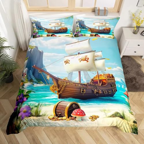 NDXRWDZR Parure de Lit 220x240 Adulte Bateau Pirate Et CrâNe Housse de Couette 2 Personnes avec Fermeture Éclair Confortable Respirant Microfibre Housse de...