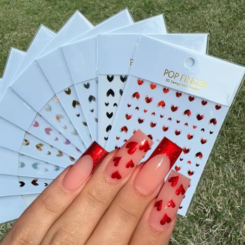 BSBTBZ Valentine's Day Nail Art Stickers Decals, 10 Sheets, Heart Love Design, Glitter Effect, Acrylic Material, for Women Girls Manicure