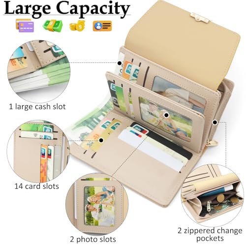 Women's Bifold Vegan Leather Wallet RFID Blocking with Leaf Pendant, Compact Card Holder Organizer, Zipper Coin Pocket, ID Window, Multi Card Slots (peach yellow)4