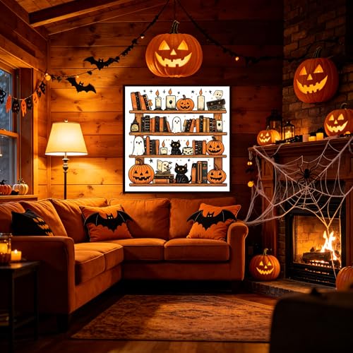 Image of KYOQFVN Bookshelf Stamped Cross Stitch Kits for Adults Beginners - Halloween Counted Cross Stitch Kits - Halloween Embroidery Kits for Beginners Adults Arts Craft 14x14 inch
