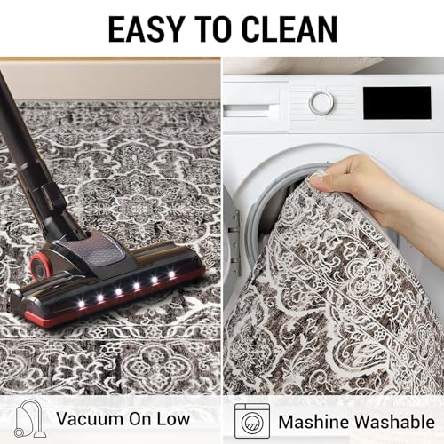 KUTA Vintage Washable Kitchen Runner 3x8, Non Skid Washable 8 ft Runners, Printed Distressed Floral Ultra Soft Carpet for Bedroom Living Room Tan Grey
