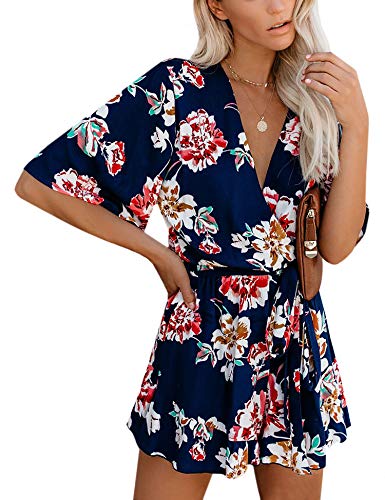 Aimcoo Women's Summer Deep V-Neck Floral Print Ruffles Short Flared Half Sleeve Sleeve Belted Wrap Short Jumpsuit Romper #TOP1