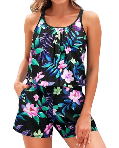 Tempt Me Black Purple Floral Romper One Piece Swimsuits with Short - Women Boyleg with Pockets Bathing Suit Modest Swimwear L