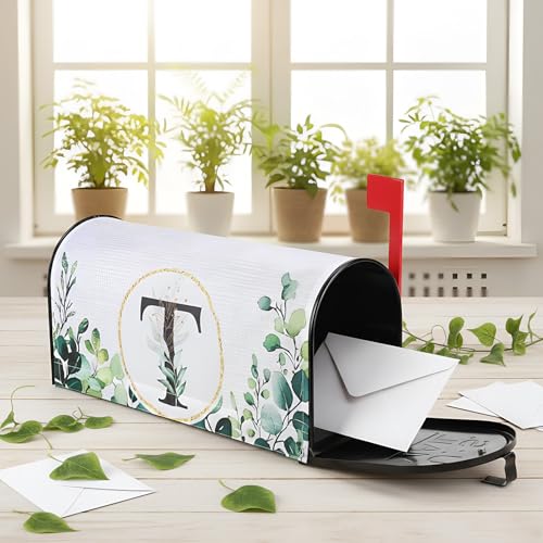 Image of Tiamon Monogrammed T Mailbox Covers Magnetic Eucalyptus Welcome Letter Box Wrap Standard Size 21x18 Inch Spring Summer Leaves Mailbox Decor Eucalyptus Letter Numbers Decoration for Outdoor Garden Yard