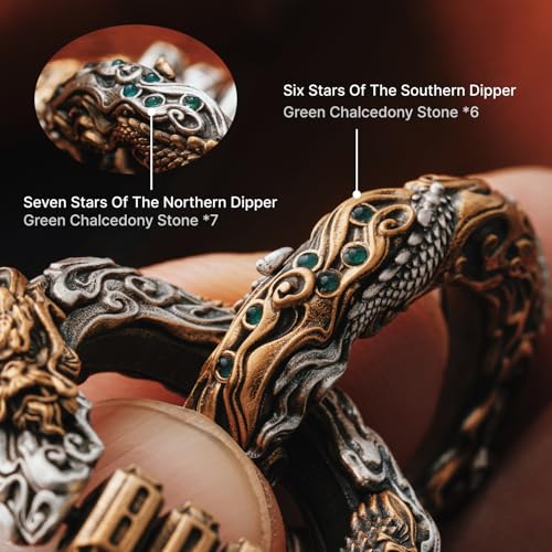 COPPERTIST.WU Dragon HexaFlow Pendant for Necklace - Rotating I Ching Hexagram Talisman, Brass & Oxidized Silver, 3D Dragon Design with Red Zirconia Pearl & Green Chalcedony3