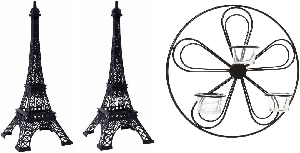 Hosley Set of 2 Tabletop Iron Eiffel Tower 15" Tall Large Floral 13.5 Inch Diameter Tea Light Candle LED Farmhouse Wall Sconce