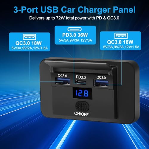 Linkstyle Car Charger Panel, Dual 18W QC3.0 USB A & 36W PD USB C Ports, Car Charging Outlet Panel with Button Switch & LED Voltmeter for 12V/24V RV Boat Truck (2PCS)
