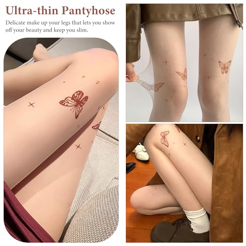 Image of Women's Nude 15D Butterfly Pattern Pantyhose, Ultra-Thin Anti-Snag Tights with Reinforced Toes, Super Elastic Comfort for Everyday Wear(Skin color)
