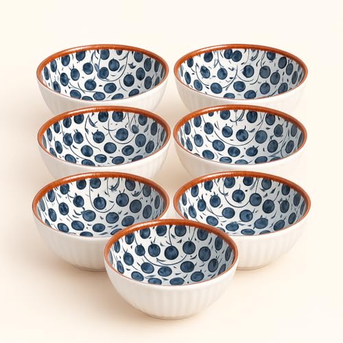 Image of YELONA Ceramic Bowls Set of 6 - 300ml | 11.5cm Japanese Style Serving Bowls with Navy Blue Vine & Berry Pattern | Microwave, Oven, Dishwasher Safe | Lead-Free & Scratch Resistant