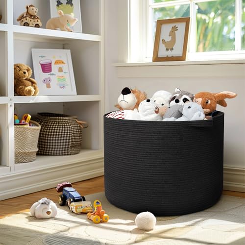 Image of MEGASKET 115L Super Large Black Blanket Basket, 23.6 inchx15.7 inch Woven Rope Bin for Storage, Oversized Kids Dog Toy Storage Box Bins, XXXL Blanket Holder for Living Room, Jumbo Wicker Basket for Organizing