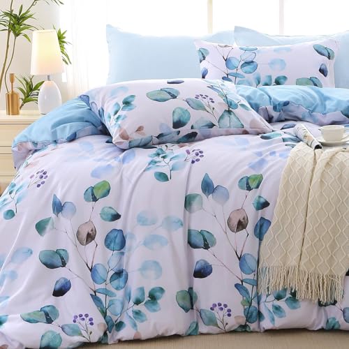 Image of MUXHOMO Oversized Queen Comforter Set, Blue Elegant Floral Print Bed in a Bag 7 Pieces, Ultra Soft & Breathable Reversible Botanical Pattern Bedding Set with Comforter, Sheets, Pillowcases, and Shams