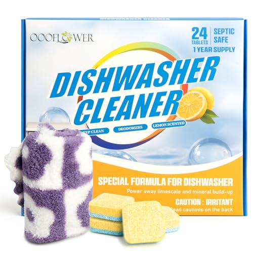 OOOFLOWER 24-count Dishwasher Cleaner Tablets with Coral Fleece Cleaning Cloth, Deep Cleaning and Descaling Formula, Removes Odors and Hard Water Residue, Maintains Dishwashers(Lemon Scent)
