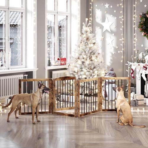 Folding-Pet-Gate-96-Wide-30-Tall-No-Assembly-Wooden-Dog-Gate-with-Door-Walk-Through-Freestanding-Pet-Gate-Puppy-Safety-Fence-with-2PCS-Support-Rustic-Brown