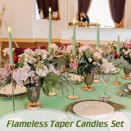 Image of Rossesay 48 Pcs Flameless LED Taper Candles Battery Operated Candles 4 Sizes of 8.5'', 9.65'', 10.83'', 12.8'' Flameless Candlesticks Flickering for Halloween Christmas Church Wedding(Sage Green)
