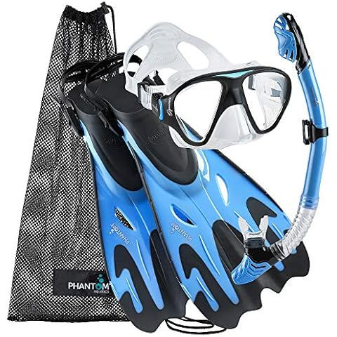 Phantom Aquatics Snorkel Mask Fin Snorkeling Set with Swim Gear Bag (Arctic Blue, Small/Medium, 5-8) Cover