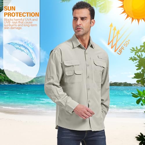 Linlon LN-5066-LIGHT KHAKI-L Mens Safari Shirts Long Sleeve Uv Protection Hiking Fishing Upf 50+ Quick Dry Cooling Shirts#Light Khaki-L thumb #5