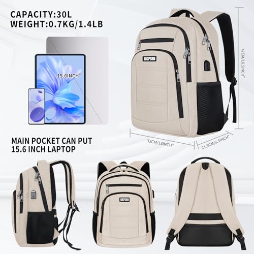 Beige Backpack for Women, School Backpack for Girls Teens Boys, Work Business Backpack with USB Charging Port,Water Resistant College Computer Bookbag Fits 15.6 Inch Laptop,Back Pack,Mochilas - Image 5