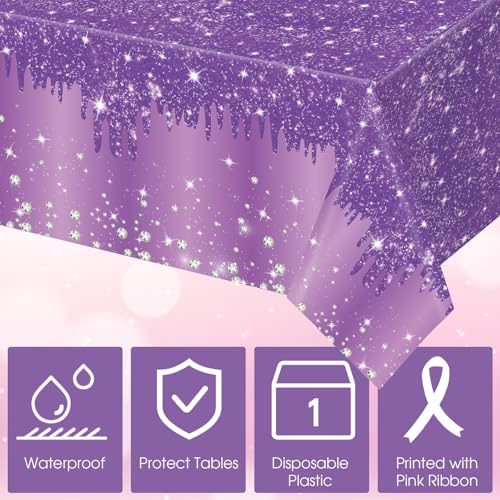 Image of Ganeen 3 Pcs Purple Tablecloths Glitter Sparkling Disposable Plastic Table Cover Sequin Printed Rectangle Tablecloths for Girl Women Birthday Wedding Party Decor Supplies, 54 x 108 Inch